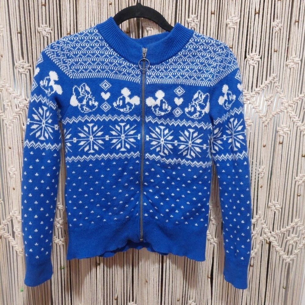 Disney Gap Girls Blue Mickey Minnie Mouse ZipUp Knit Jacket Wool Cotton Blend XL